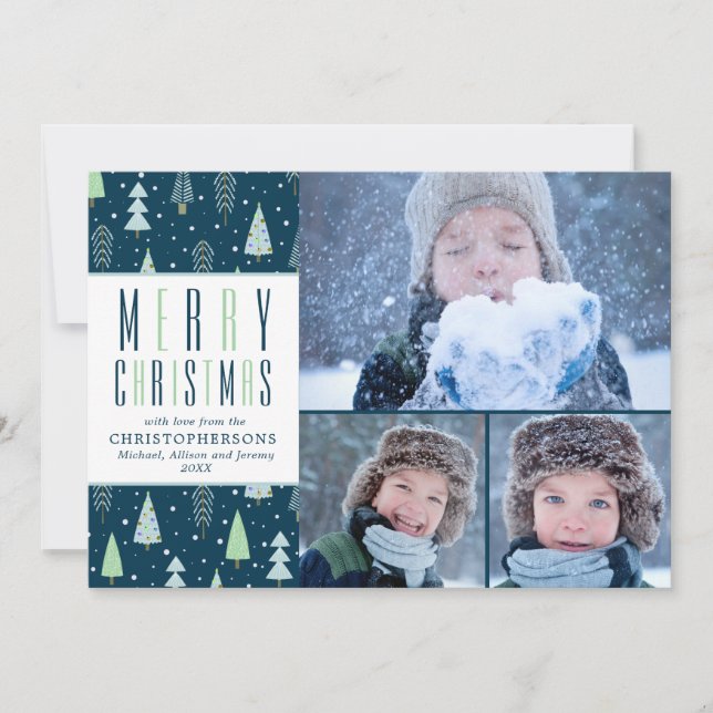 GOD JUL Blue Grönt Träd 3 Foton Julkort (Framsida)