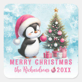God jul Blue Rosa Cute Penguin-Anpassningsbarna Fyrkantigt Klistermärke