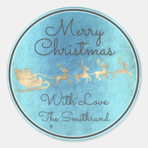 god jul Blue Rustic Santa Reindeer Sleight Runt Klistermärke