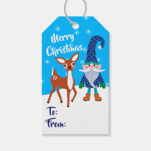 God jul Blue Snöflingor Gnome Cute Hjort Presentetikett