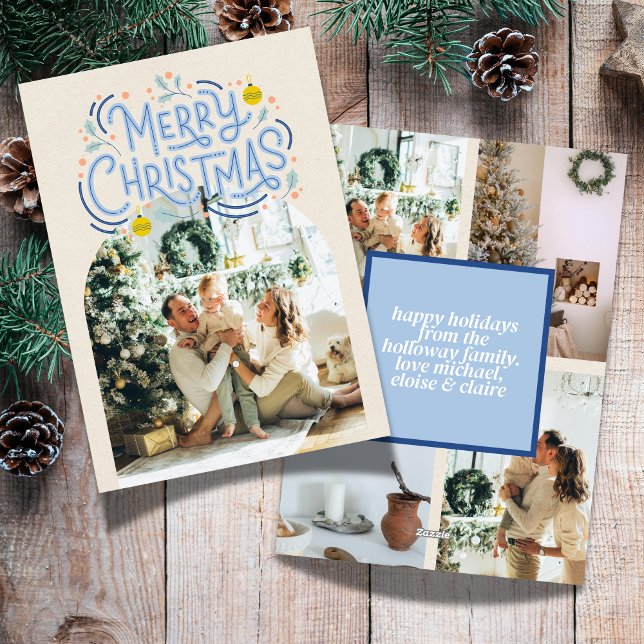 God jul Blue Typography Arched Photo Julkort (Send cheer with this bold and playful holiday card featuring bright blue graphics and photo.)
