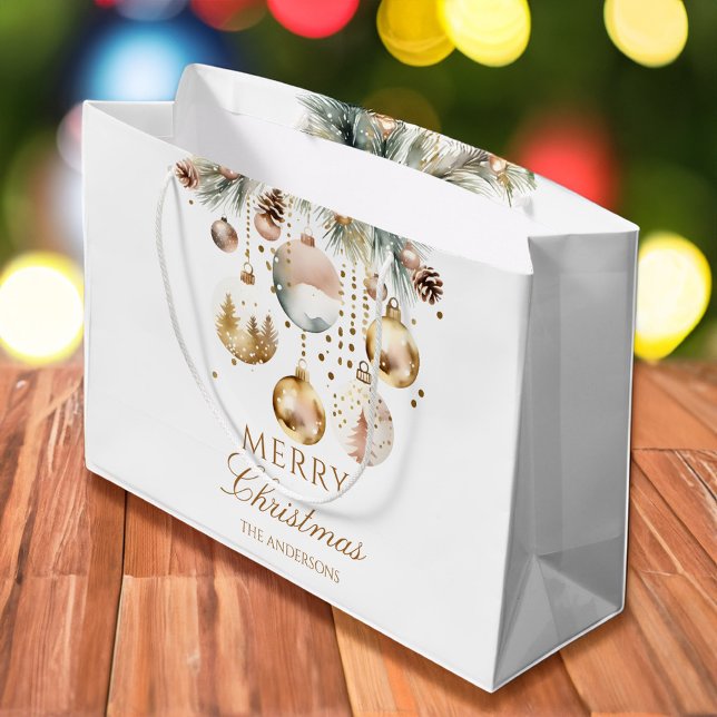 God jul boho metallbubblor (Merry Christmas boho watercolor  metallic silver gold baubles snowy pines  Large Gift Bag)