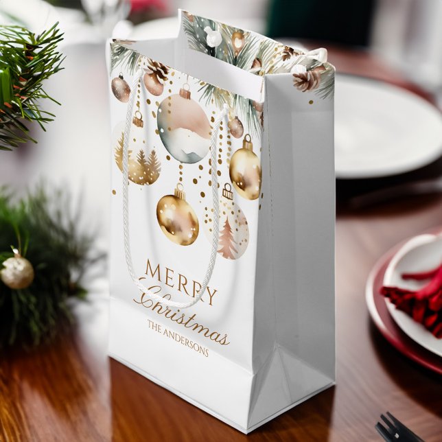 God jul boho metallbubblor (Merry Christmas boho watercolor metallic gold silver baubles snowy pines Small Gift Bag)
