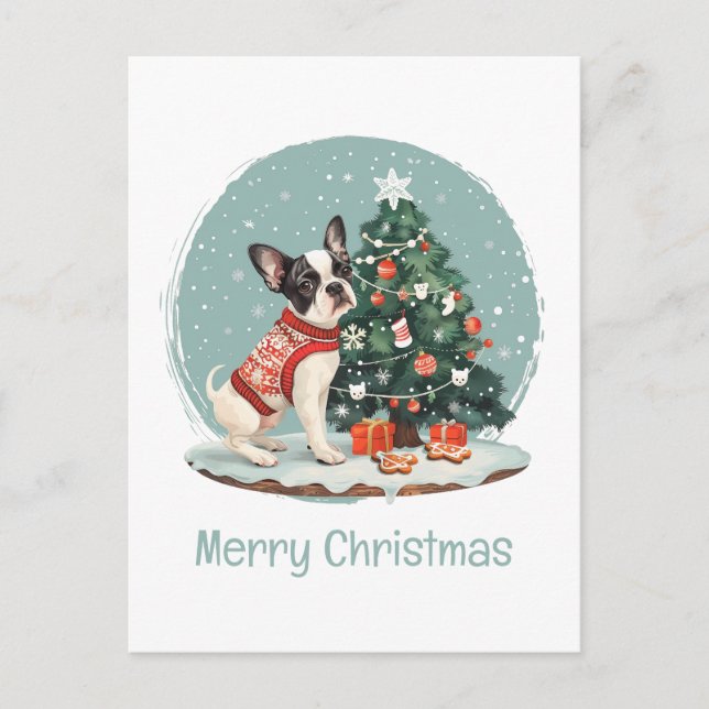God jul Boston Terrier Hund Helg Vykort (Framsida)