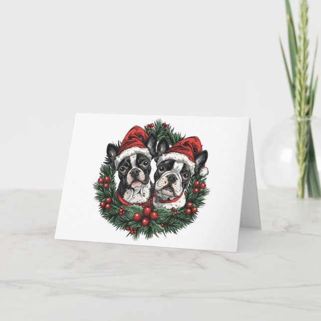 God Jul Boston Terrier Hund Julkrans Helgkort (Framsida)