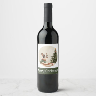 God jul Boston Terrier Hund Vinflaska Etikett