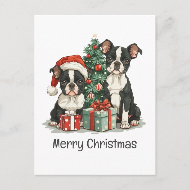 God jul Boston Terrier Hundar Helg Vykort (Framsida)