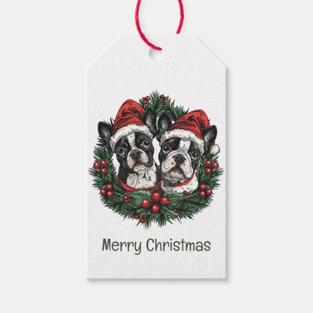 God jul Boston Terrier Hundar Helgdag Wandan Presentetikett (Framsidan)