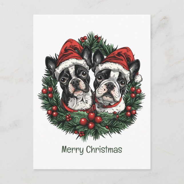 God jul Boston Terrier Hundar Helgdag Wandan Vykort (Framsida)