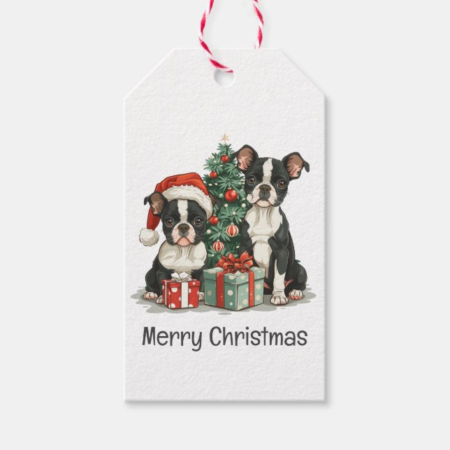 God jul Boston Terrier Hundar Presentetikett (Framsidan)