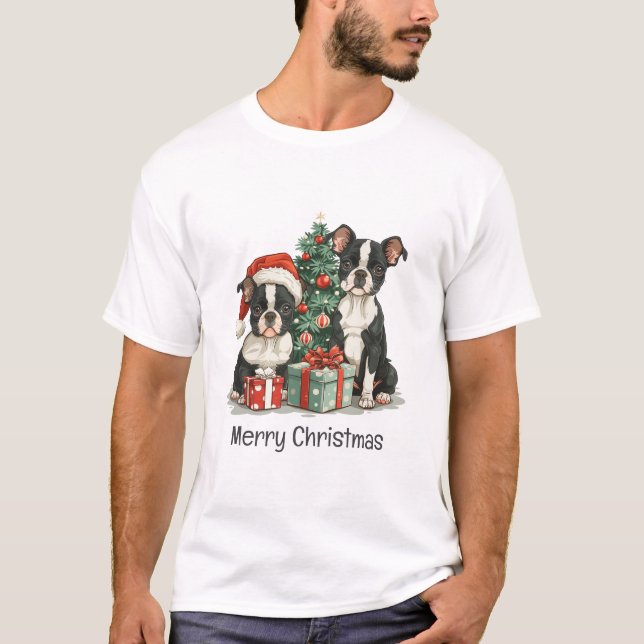 God jul Boston Terrier Hundar T Shirt (Framsida)