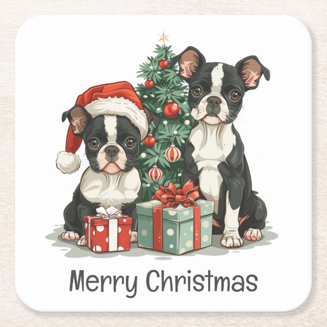 God jul Boston Terrier Hundar Underlägg Papper Kvadrat (Framsidan)