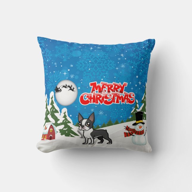 God jul Boston Terrier med Snögubbe Kudde (Framsida)