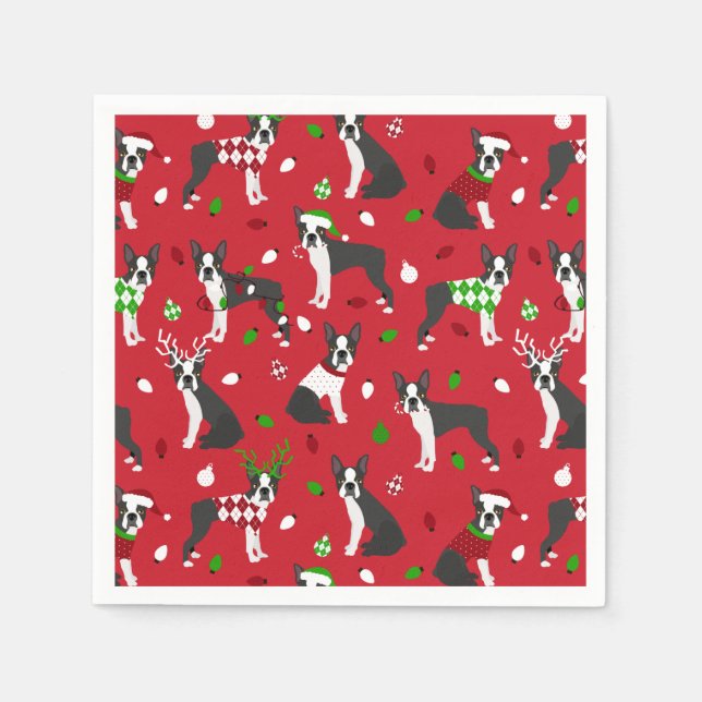 God jul Boston Terrier Napkins Pappersservett (Framsidan)