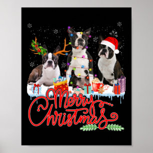 God jul Boston Terrier Santa Reindeer Ligh Poster