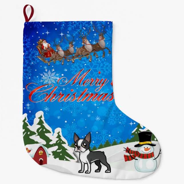 God jul Boston Terrier Stor Julstrumpa (Framsidan)