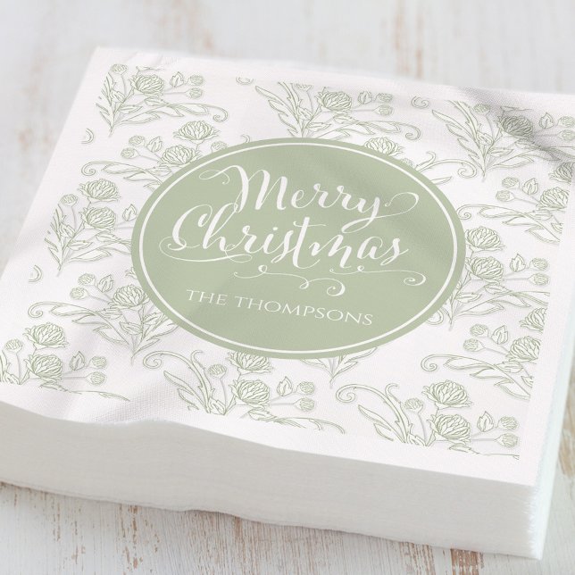 God Jul Botanisk Elegant Grön Blommig Pappersservett (Elegant sage green botanical Merry Christmas personalized holiday cocktail napkin.)