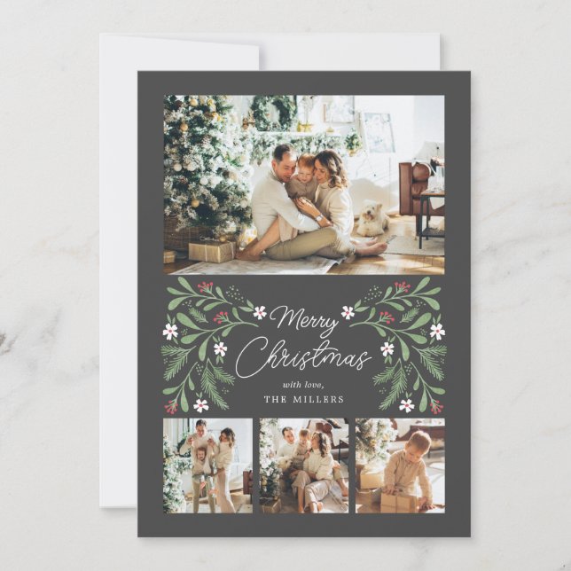 God jul botaniskt 4-foto-kort julkort (Framsida)