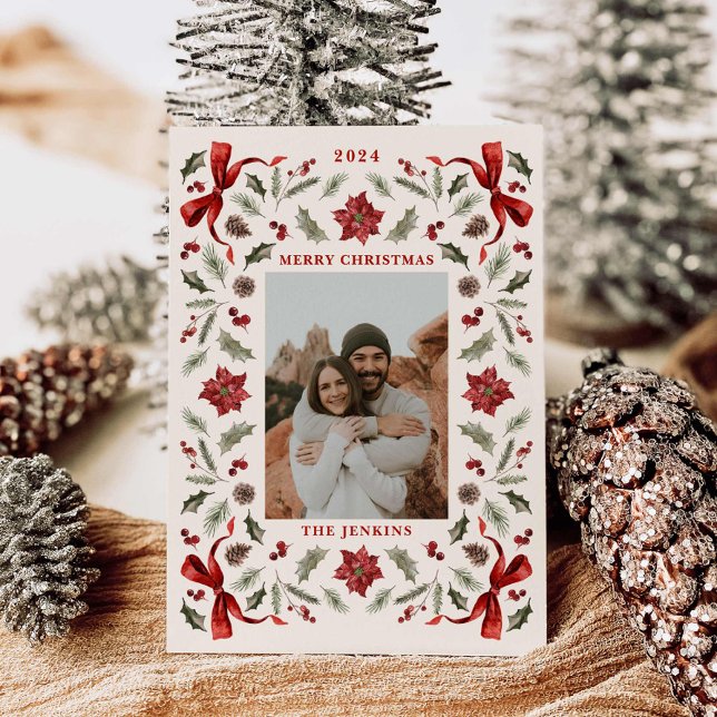 God jul Botaniskt familjefopto Helgdag Julkort (Elegant Botanical Family Photo Card)