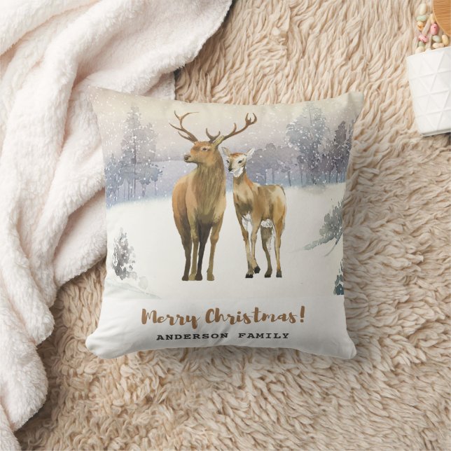 God jul Buck and Doe Hjort Winter Scene Kudde (Filt)