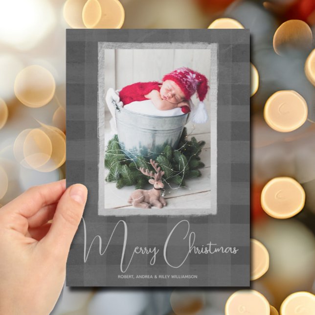 God jul Buffalo Check Photo Julkort (Merry Christmas Gray Buffalo Check Photo Holiday Cards)
