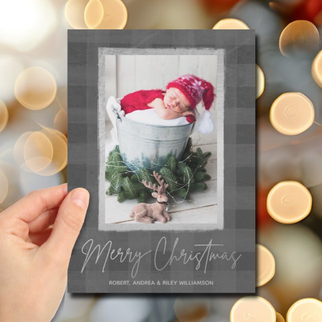 God jul Buffalo Check Photo Julkort (Merry Christmas Gray Buffalo Check Photo Holiday Cards)