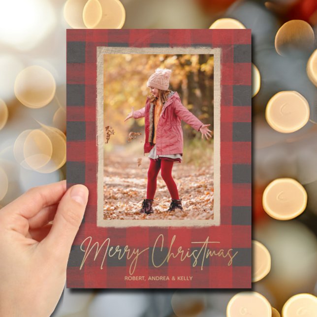 God jul Buffalo Check Photo Julkort (Merry Christmas Buffalo Check Photo Holiday Cards)