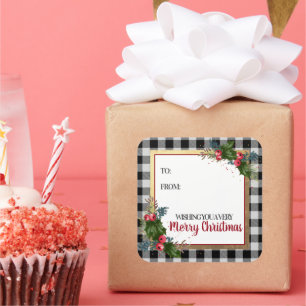 God jul Buffalo Check Watercolor Holly Fyrkantigt Klistermärke