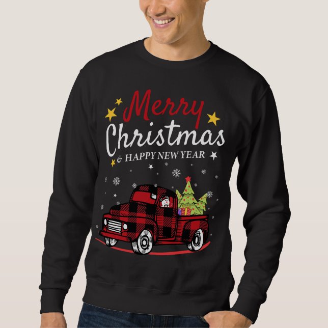 God jul Buffalo Lastbil Snögubbe Träd Red Pla Lång Ärmad Tröja (Framsida)