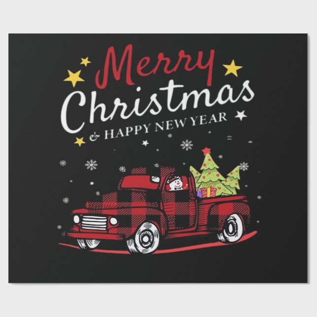 God Jul Buffalo Lastbil Snöman Träd Röd Randig Presentpapper (Platt)