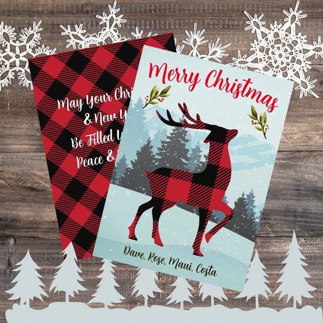 God jul Buffalo Play Rindeer och Träd Julkort (Merry Christmas Buffalo Plaid Reindeer And Trees Holiday Card)