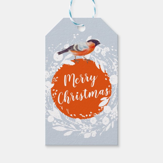 God jul Bullfinch Bird Snowy Winter Presentetikett (Framsidan)