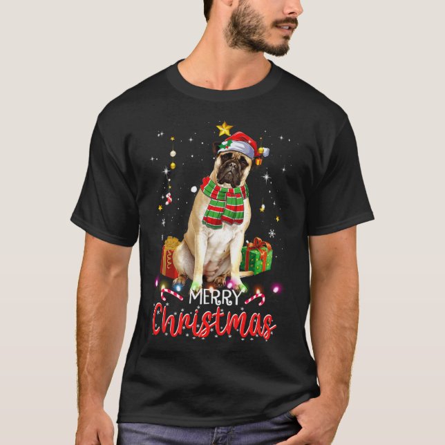 God jul Bullmastiff Santa Hat Träd Ljus T Shirt (Framsida)