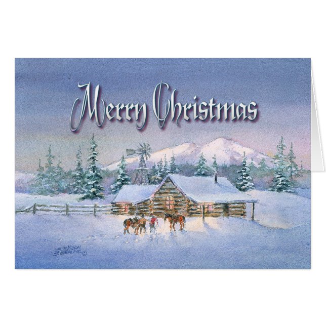 GOD JUL CABIN & HORSES by SHARON SHARPE OBS Kort (Framsidan Horizontal)