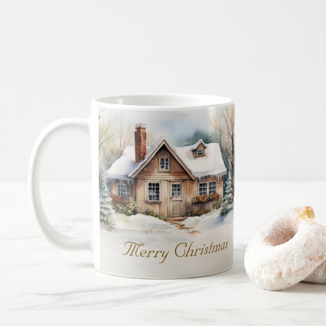 God jul Cabin i snöslandskap Kaffemugg (Med munk)
