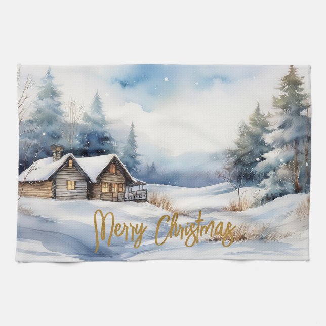 God jul Cabin i snöslandskap Kökshandduk (Horisontell)