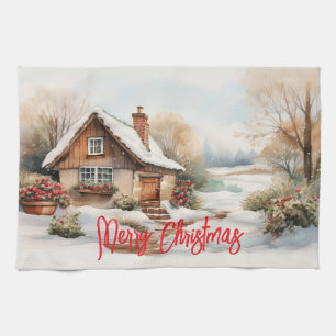 God jul Cabin i snöslandskap Kökshandduk