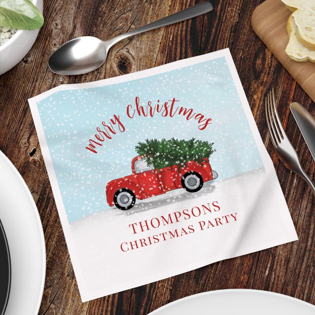 God jul Calligraphy Cute Rustic Red Lastbil Pappersservett (Merry Christmas Vintage red Truck Holiday Custom Napkins.)