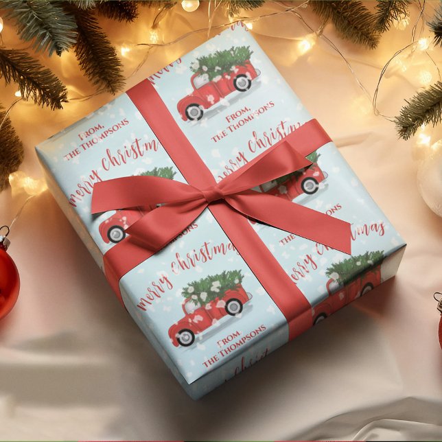 God jul Calligraphy Cute Rustic Red Lastbil Presentpapper (Merry Christmas cute red calligraphy script rustic red truck wrapping paper. )