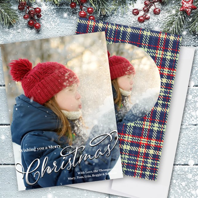 God jul Calligraphy Navy Blue Play Julkort (Merry Christmas Calligraphy script holiday photo card. )