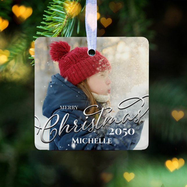 God jul Calligraphy Navy Blue Play Photo Julgransprydnad Keramik (Merry Christmas holiday silver calligraphy script photo ceramic square ornament)