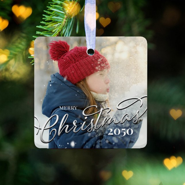 God jul Calligraphy Navy Blue Play Photo Julgransprydnad Keramik (Merry Christmas holiday silver calligraphy script photo ceramic square ornament)