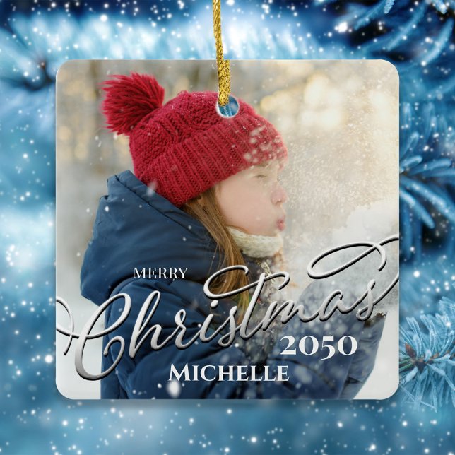 God jul Calligraphy Navy Blue Play Photo Julgransprydnad Keramik (Merry Christmas holiday silver calligraphy script photo ceramic square ornament)