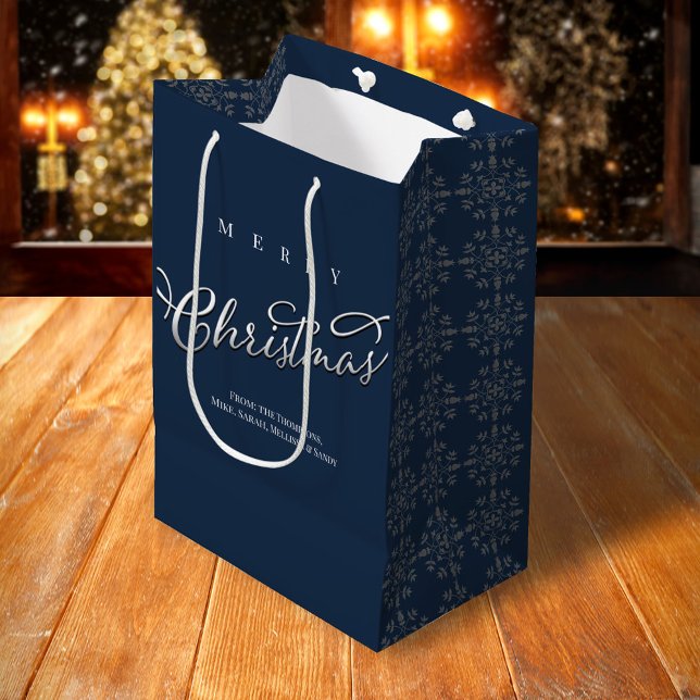 God jul Calligraphy Navy Blue Snowflake (Merry Christmas holiday snowflake pattern silver calligraphy script gift bag)
