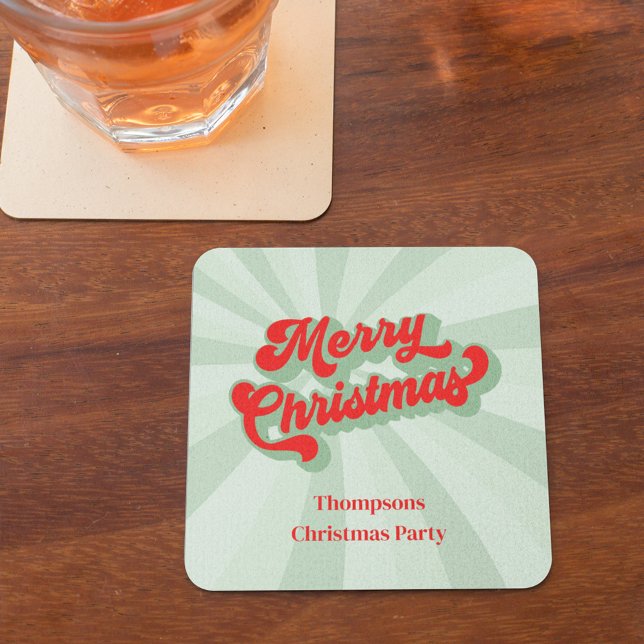 God jul Calligraphy Red Grönt Whimsical Underlägg Papper Kvadrat (Merry Christmas red calligraphy script green striped paper coaster. )
