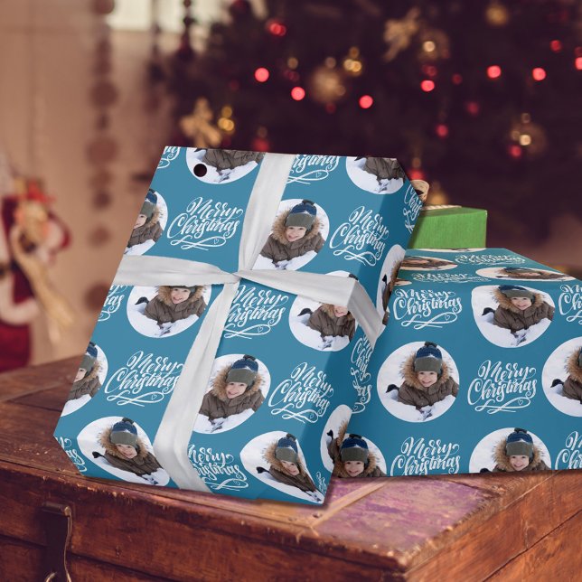 God jul Calligraphy Round Photo Blue Presentpapper (Skapare uppladdad)