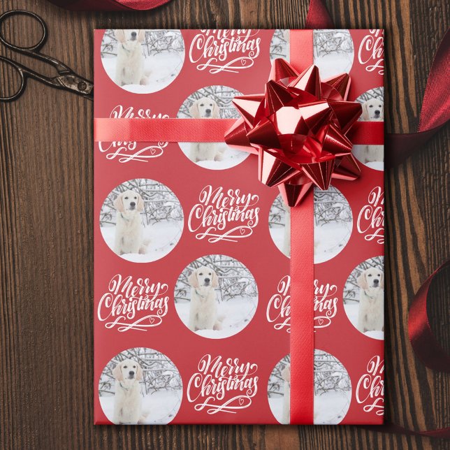 God jul Calligraphy Round Photo Red Presentpapper (Skapare uppladdad)
