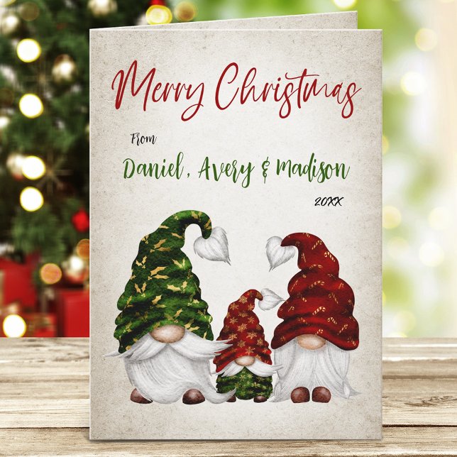 God jul Calligraphy Rustic Gnome Family Helgkort (Available in high quality print or digital download for quick text messaging, email or self print.)