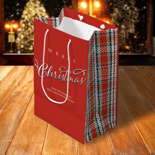 God jul Calligraphy Script Cute Red Play (Merry Christmas holiday red and green plaid pattern gift bag.)