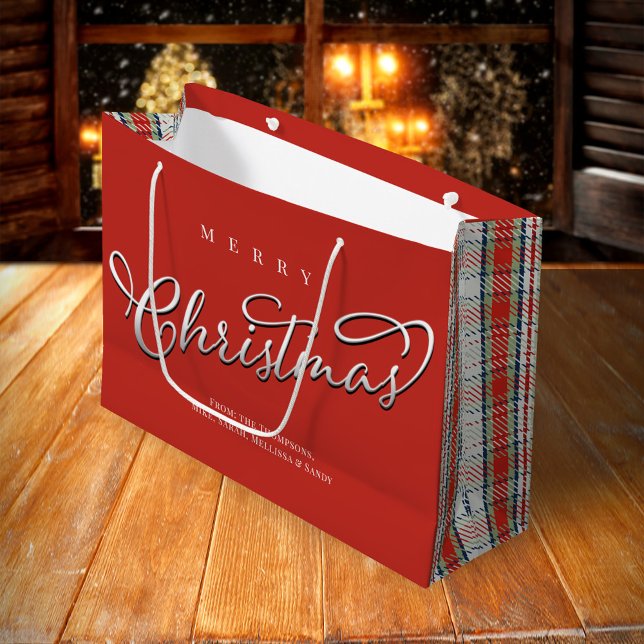 God jul Calligraphy Script Cute Red Play (Merry Christmas holiday red and green plaid pattern gift bag.)